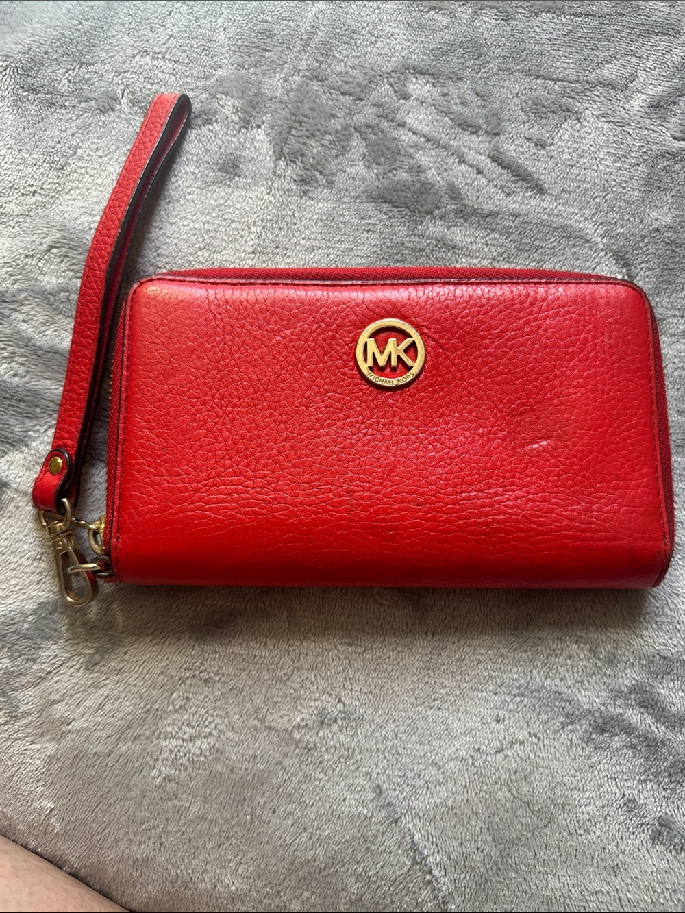 Michael Kors Red Pebbled Leather Wristlet Wallet with Gold MK Logo